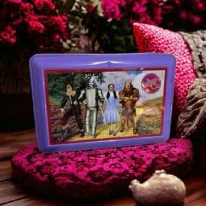 Wizard Of Oz Tin Hinged Storage Container Purple Gold Interior &Back Rectangular
